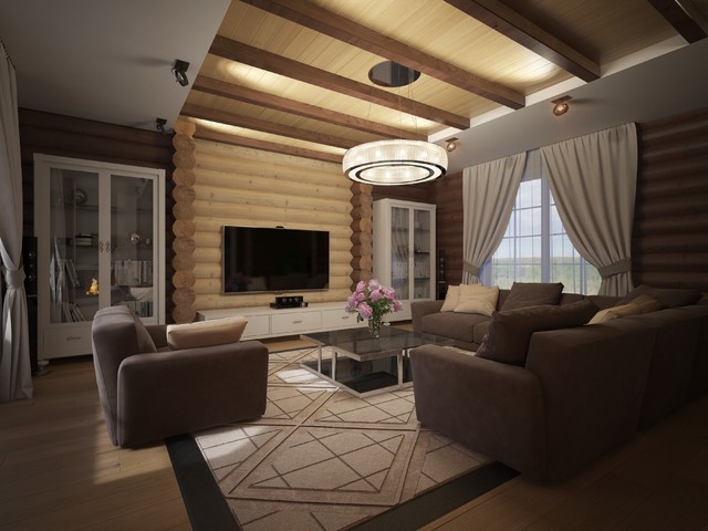 Скандинавський затишок Затишна вітальня в дерев'яному будинку в скандинавському стилі з великим вікном.