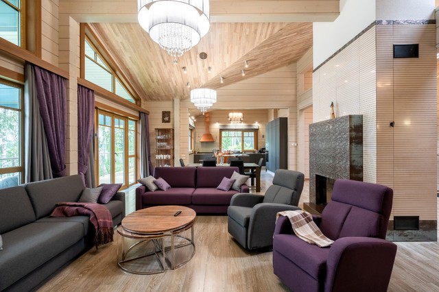 Природні відтінки Дизайн вітальні в дерев'яному будинку з використанням текстилю натуральних відтінків.